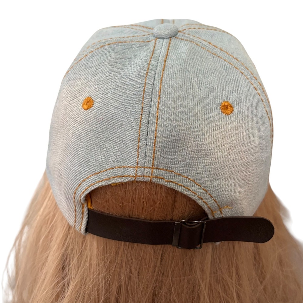 Y2K LOVE Rhinestone Lip Denim Baseball Cap Light Wash Distressed Hat McBling - Picture 5 of 10